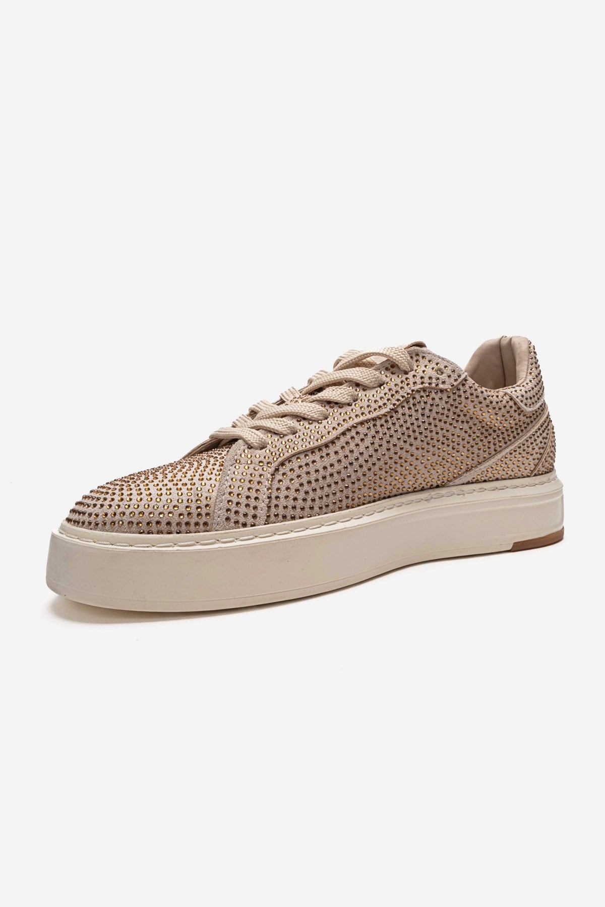 BERINA - Beige Embellished Sneaker – top view showing leather, suede, Vowalisse