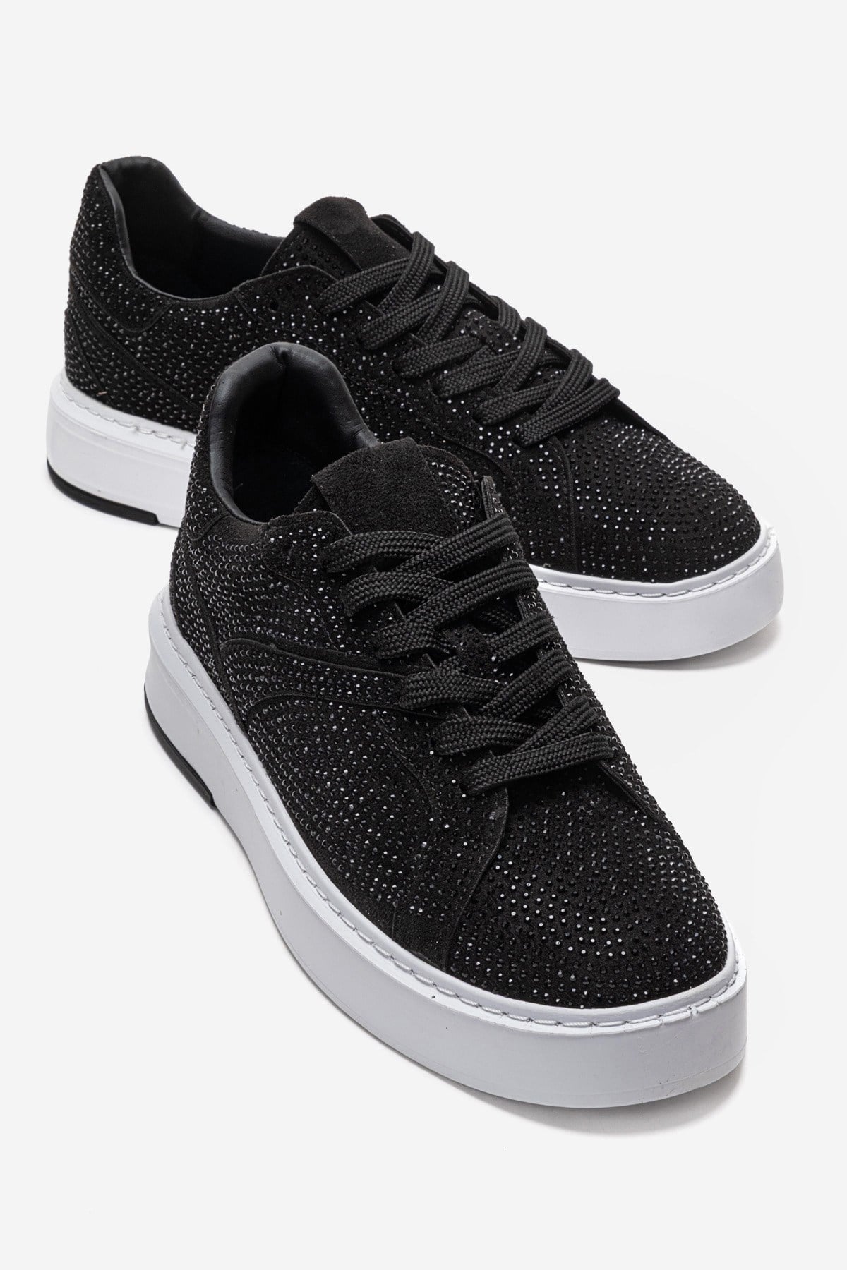 BERINA - Black Studded Casual Sneaker – front three-quarter view showing lace, leather, suede, Vowalisse