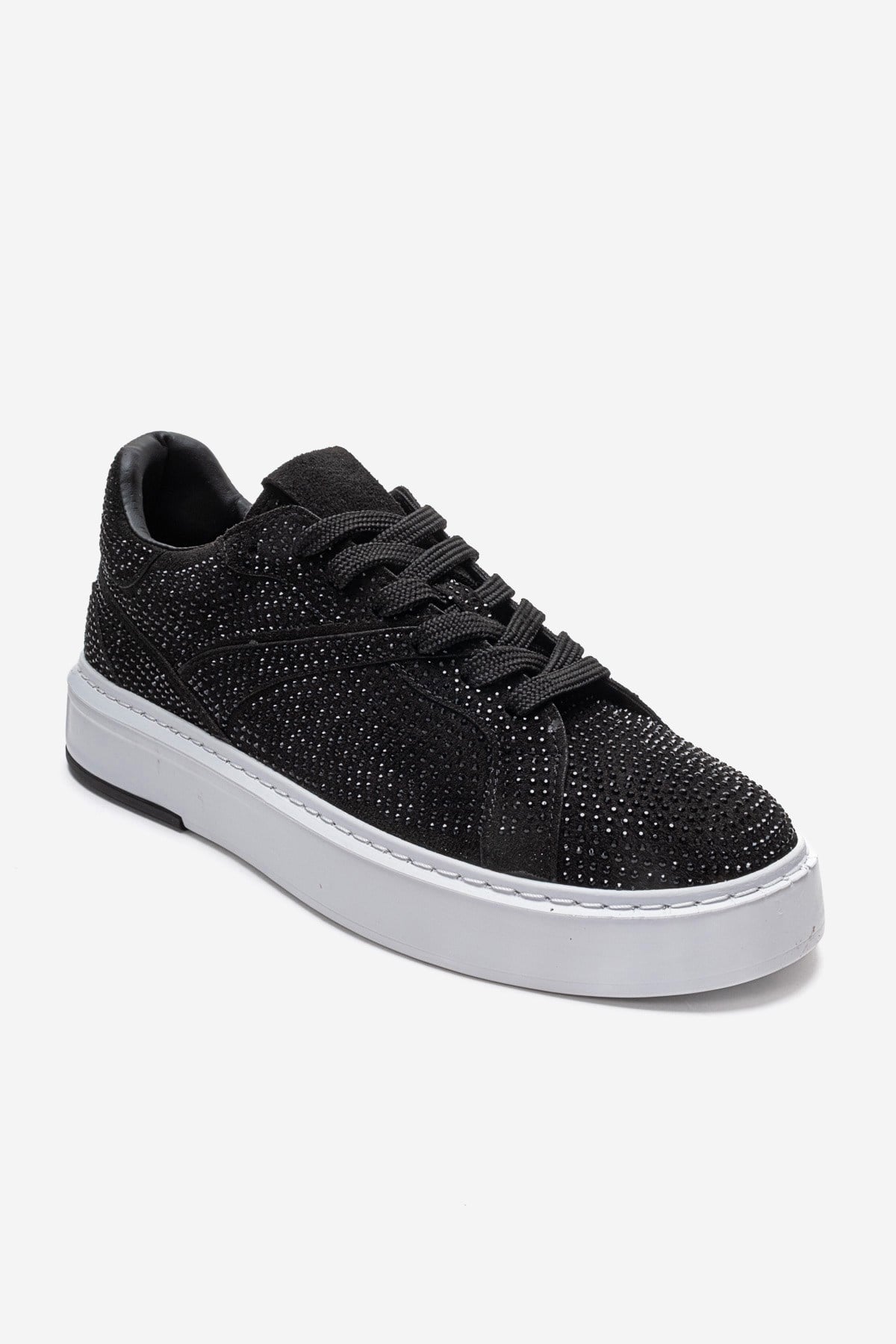 BERINA - Black Studded Casual Sneaker – detail view showing lace, leather, suede, Vowalisse