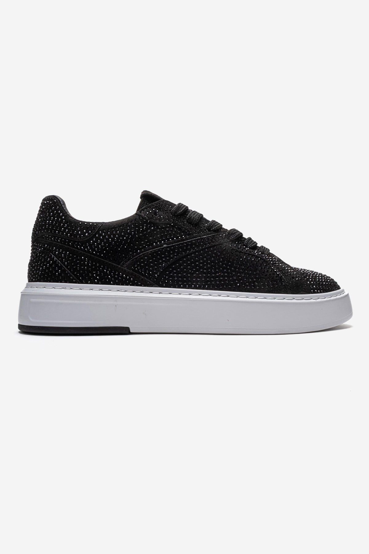 BERINA - Black Studded Casual Sneaker – heel view showing lace, leather, suede, Vowalisse