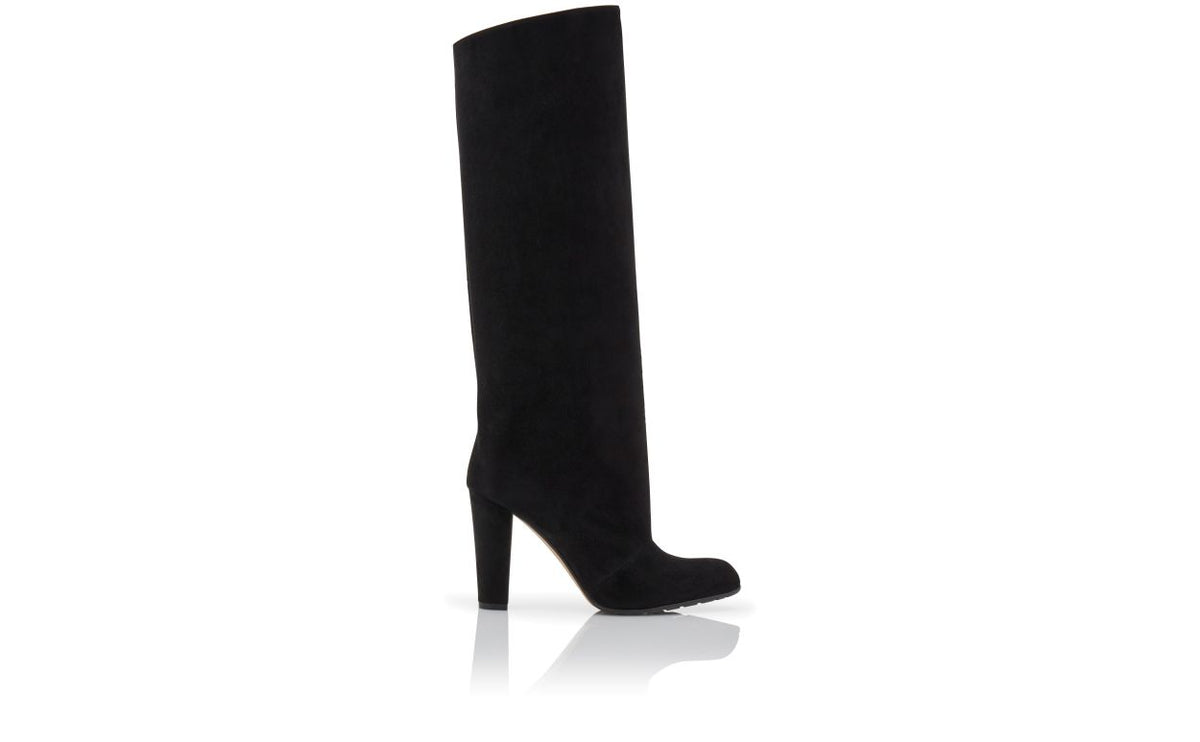 Seraphina Lace Black Round Toe Knee-High Boots – side profile showing black round toe, suede, Vowalisse