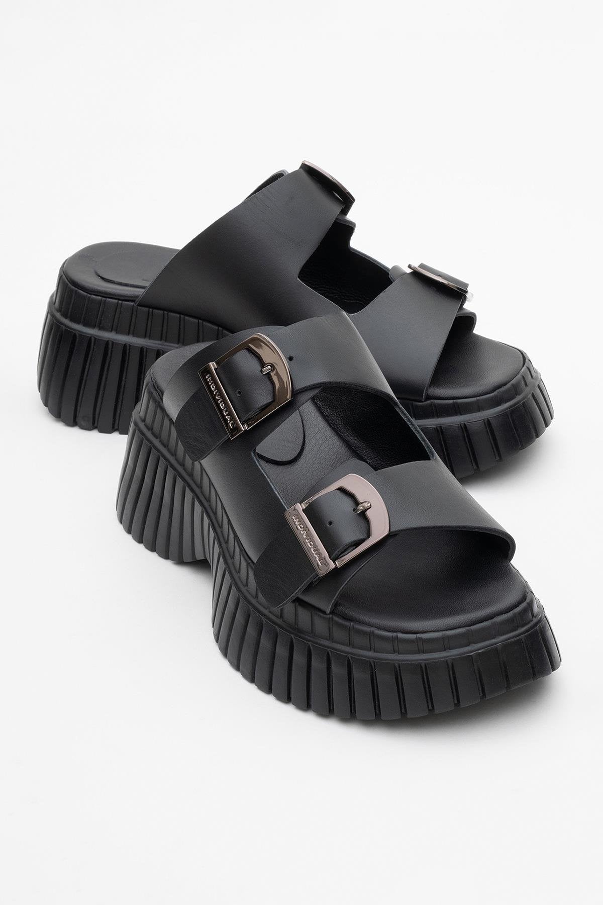 Joanes - Black Leather Two-Strap Platform Sandal – front three-quarter view showing leather, black, Vowalisse