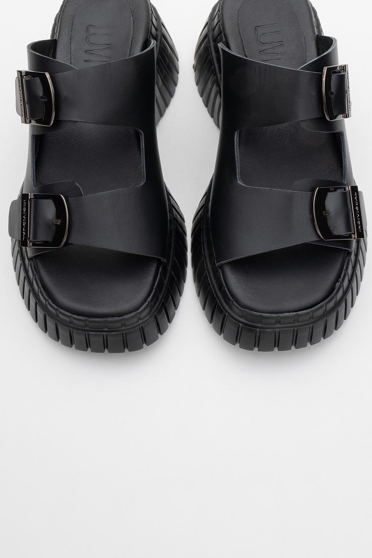 Joanes - Black Leather Two-Strap Platform Sandal – side view showing leather, black, Vowalisse