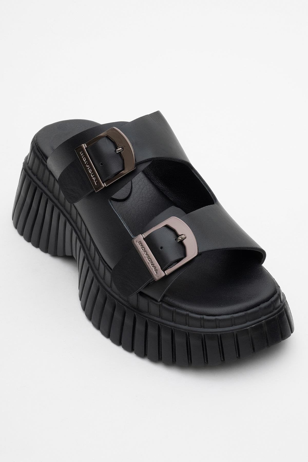 Joanes - Black Leather Two-Strap Platform Sandal – detail view showing leather, black, Vowalisse