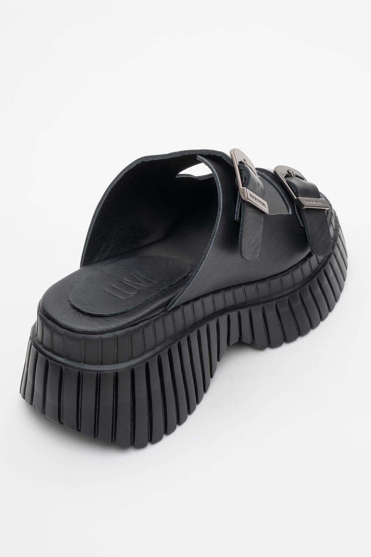 Joanes - Black Leather Two-Strap Platform Sandal – heel view showing leather, black, Vowalisse