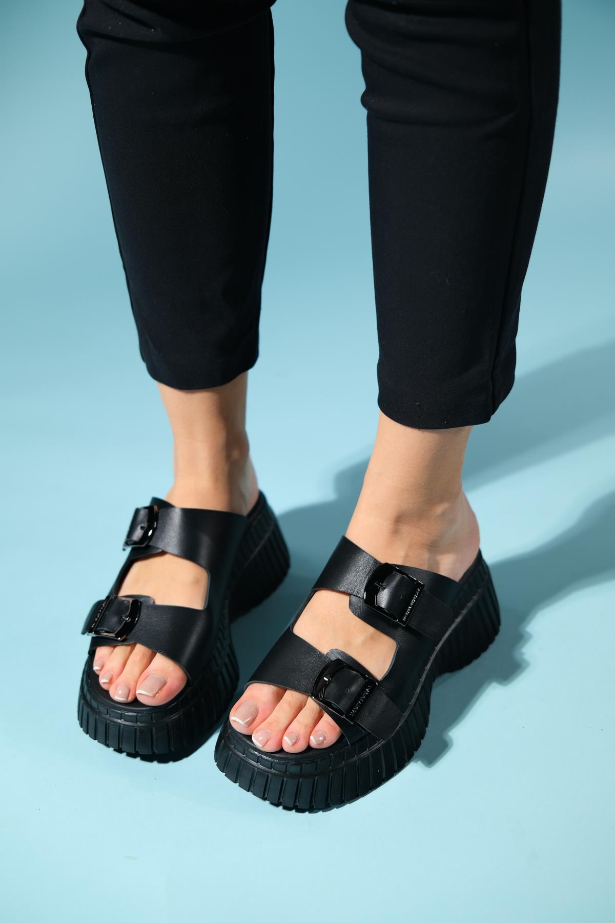 Joanes - Black Leather Two-Strap Platform Sandal – sole view showing leather, black, Vowalisse