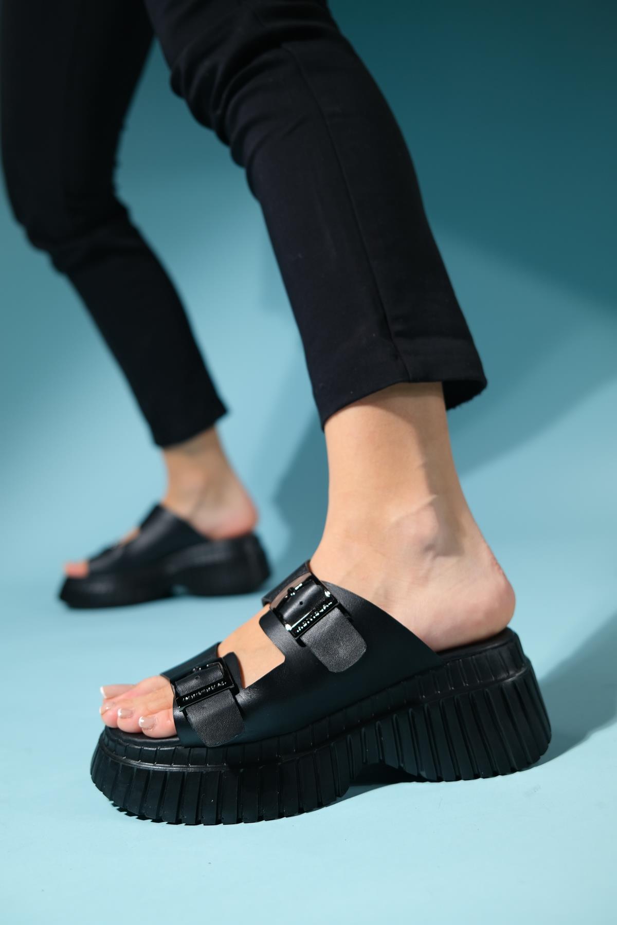 Joanes - Black Leather Two-Strap Platform Sandal – pair view showing leather, black, Vowalisse