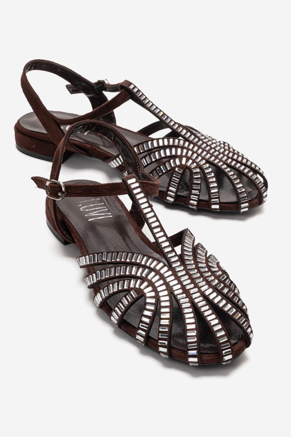 LAVINA - Brown Genuine Leather Sandal – front three-quarter view showing leather, suede, Vowalisse