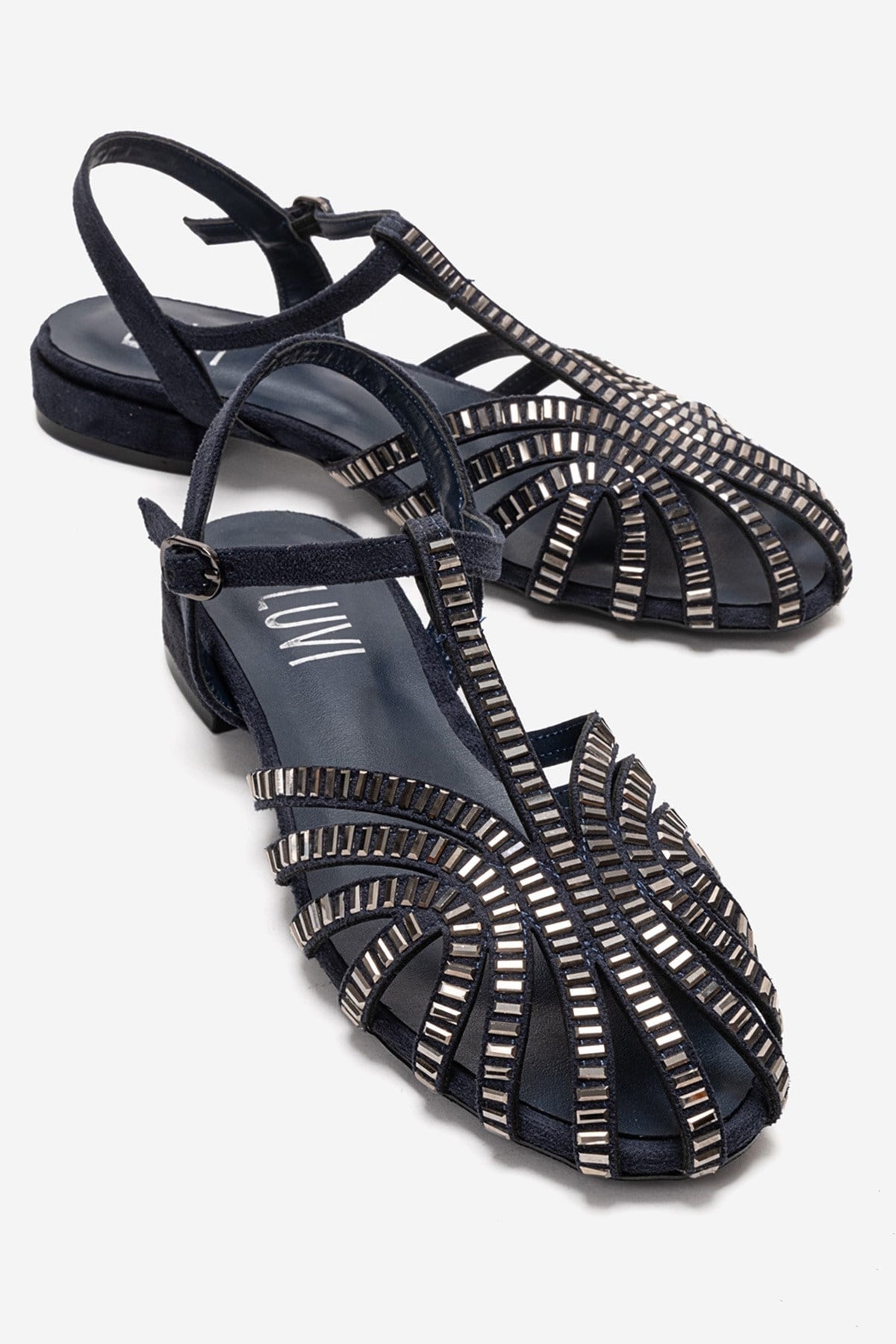LAVINA - Navy Genuine Leather Sandal – front three-quarter view showing leather, suede, red, Vowalisse