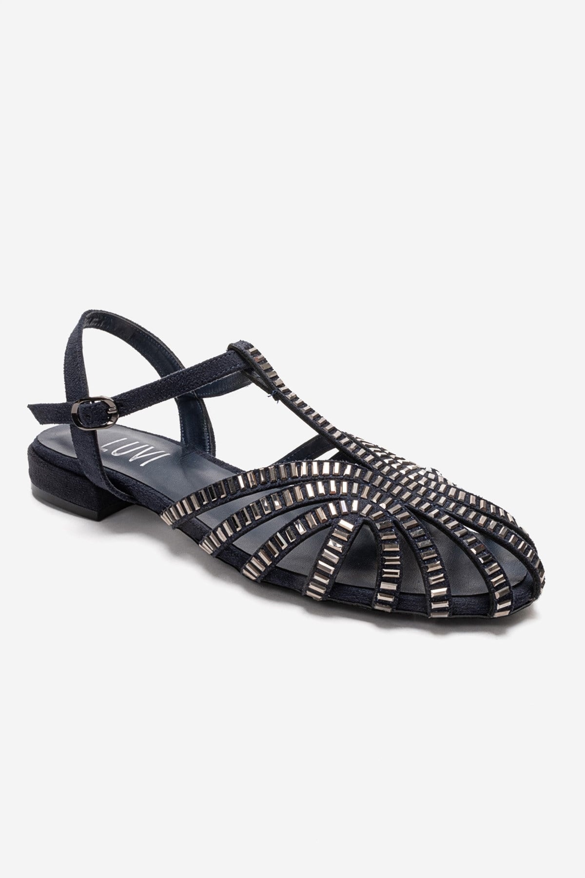 LAVINA - Navy Genuine Leather Sandal – detail view showing leather, suede, red, Vowalisse