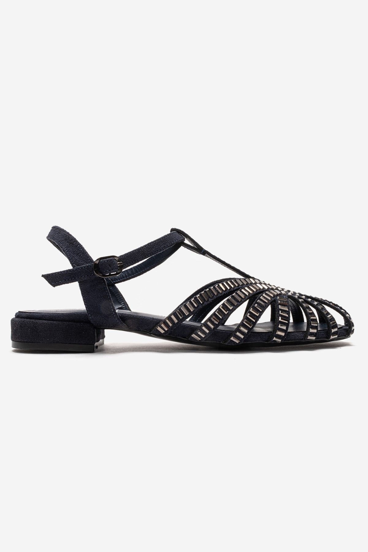 LAVINA - Navy Genuine Leather Sandal – heel view showing leather, suede, red, Vowalisse