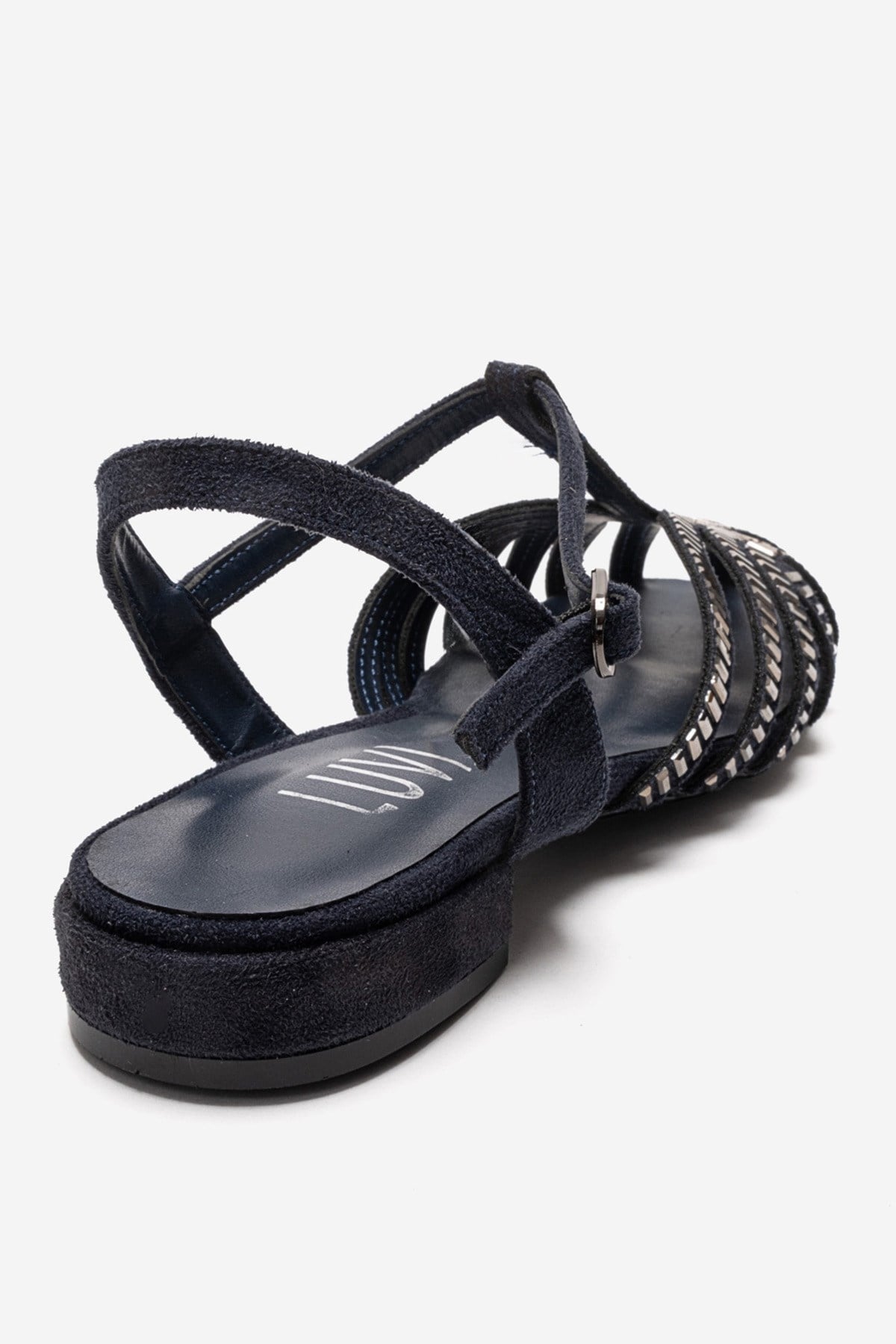 LAVINA - Navy Genuine Leather Sandal – back view showing leather, suede, red, Vowalisse