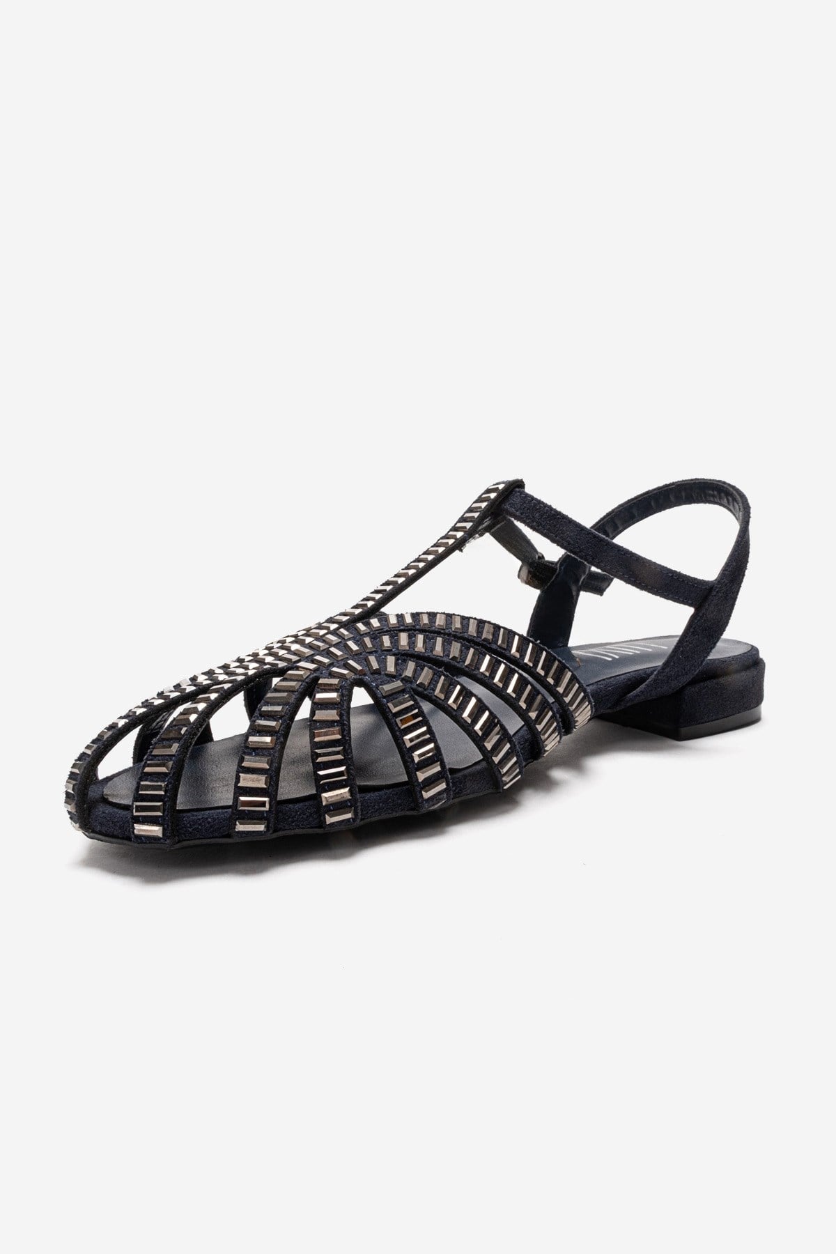 LAVINA - Navy Genuine Leather Sandal – top view showing leather, suede, red, Vowalisse