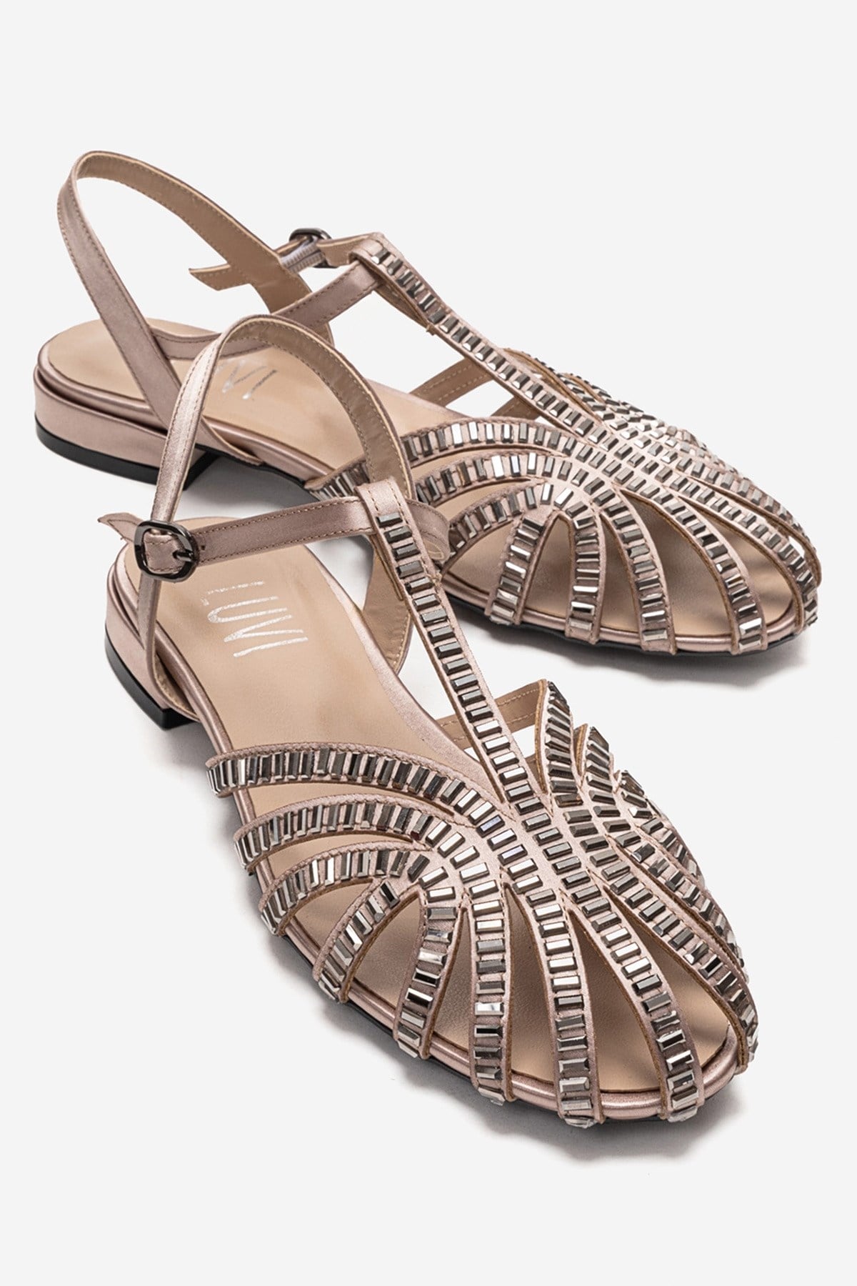 LAVINA - Taupe Genuine Leather Sandal – front three-quarter view showing satin, leather, Vowalisse