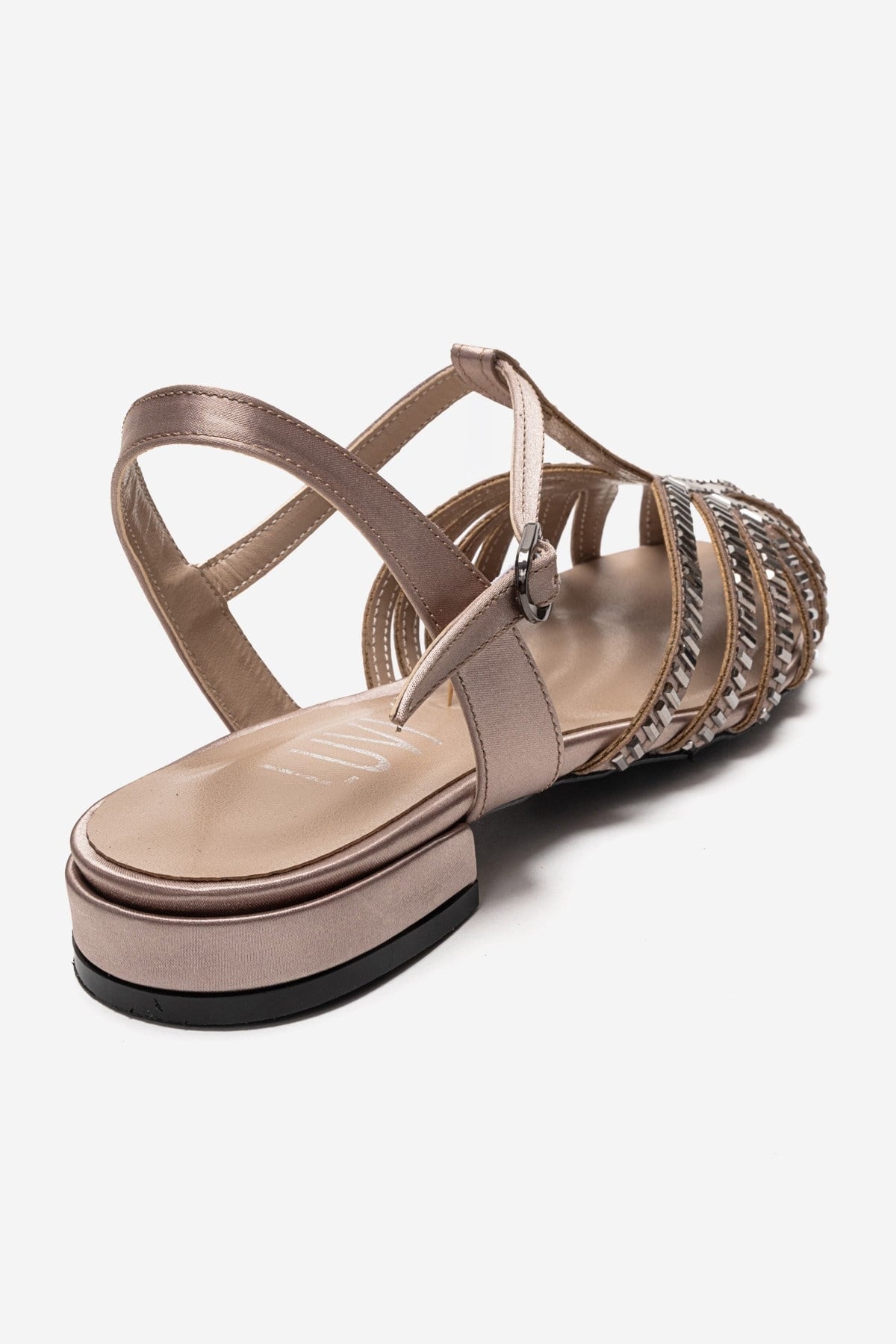 LAVINA - Taupe Genuine Leather Sandal – back view showing satin, leather, Vowalisse