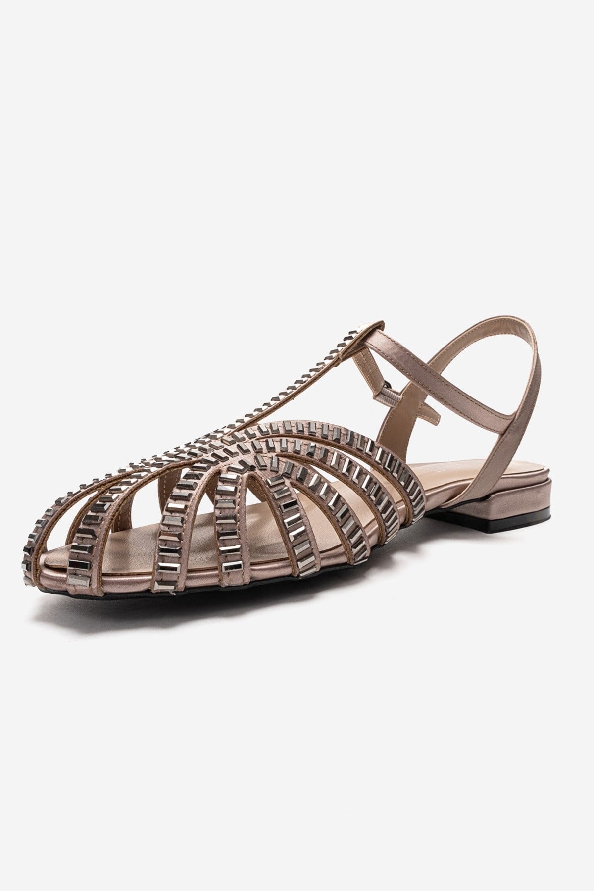 LAVINA - Taupe Genuine Leather Sandal – top view showing satin, leather, Vowalisse