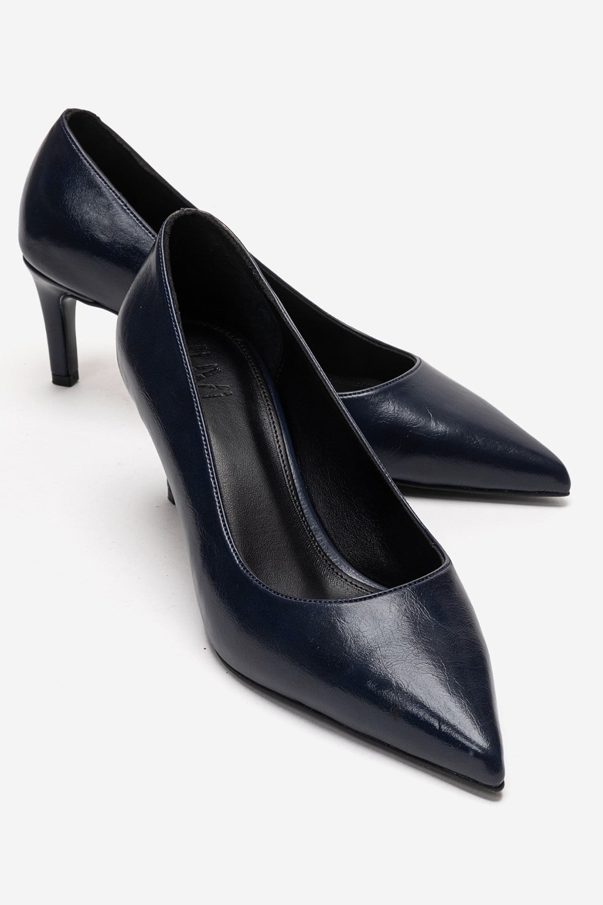 VELMIRA - Navy Genuine Leather Stiletto Pump – front three-quarter view showing leather, Vowalisse