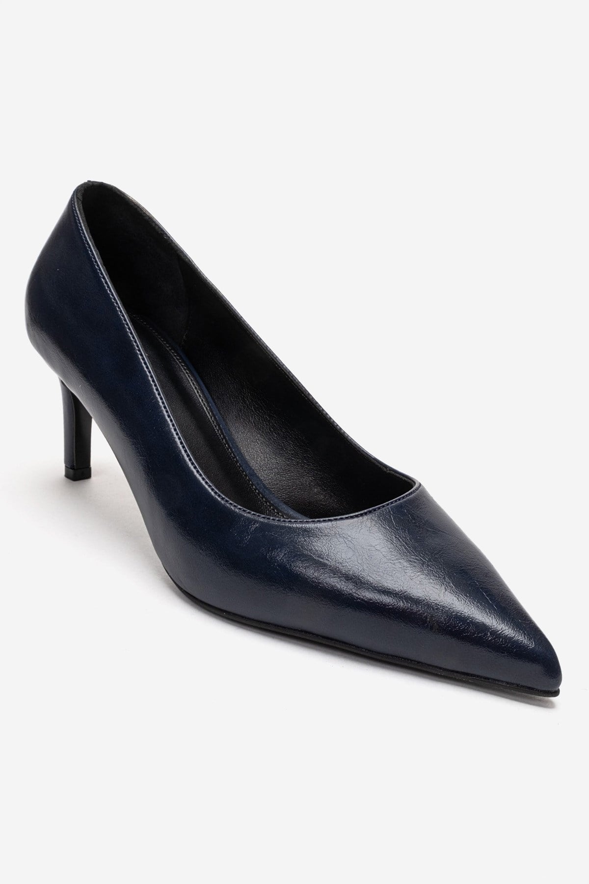 VELMIRA - Navy Genuine Leather Stiletto Pump – detail view showing leather, Vowalisse