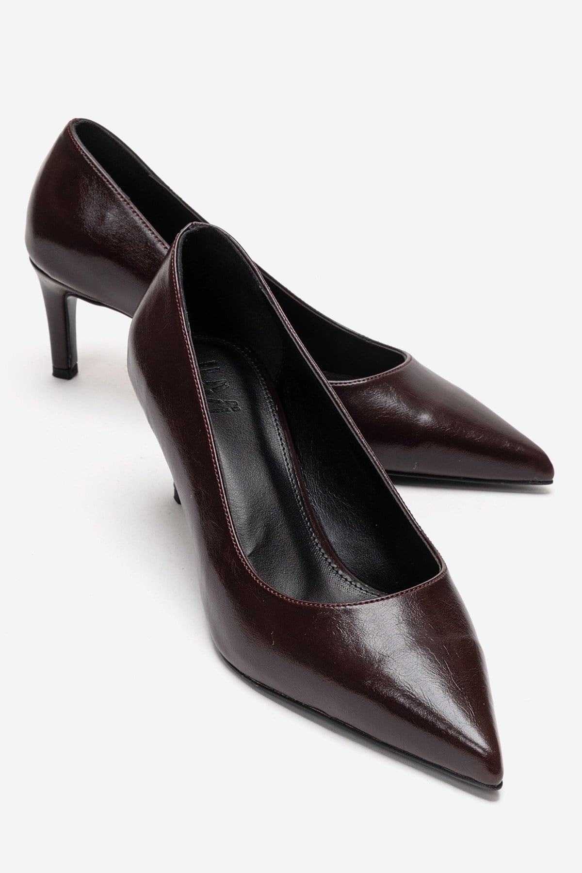 VELMIRA - Burgundy Stiletto Pump – front three-quarter view showing leather, Vowalisse