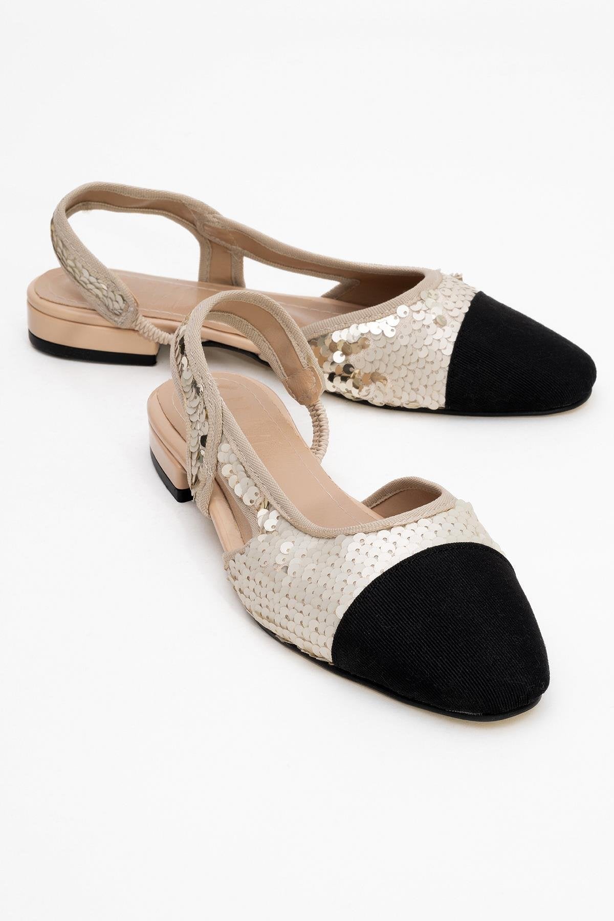 Lujo - Gold Sequin Backless Flat Ballerina – front three-quarter view showing leather, sequin, gold, Vowalisse