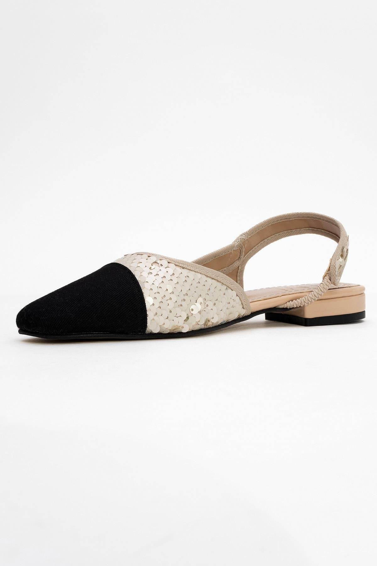 Lujo - Gold Sequin Backless Flat Ballerina – heel view showing leather, sequin, gold, Vowalisse