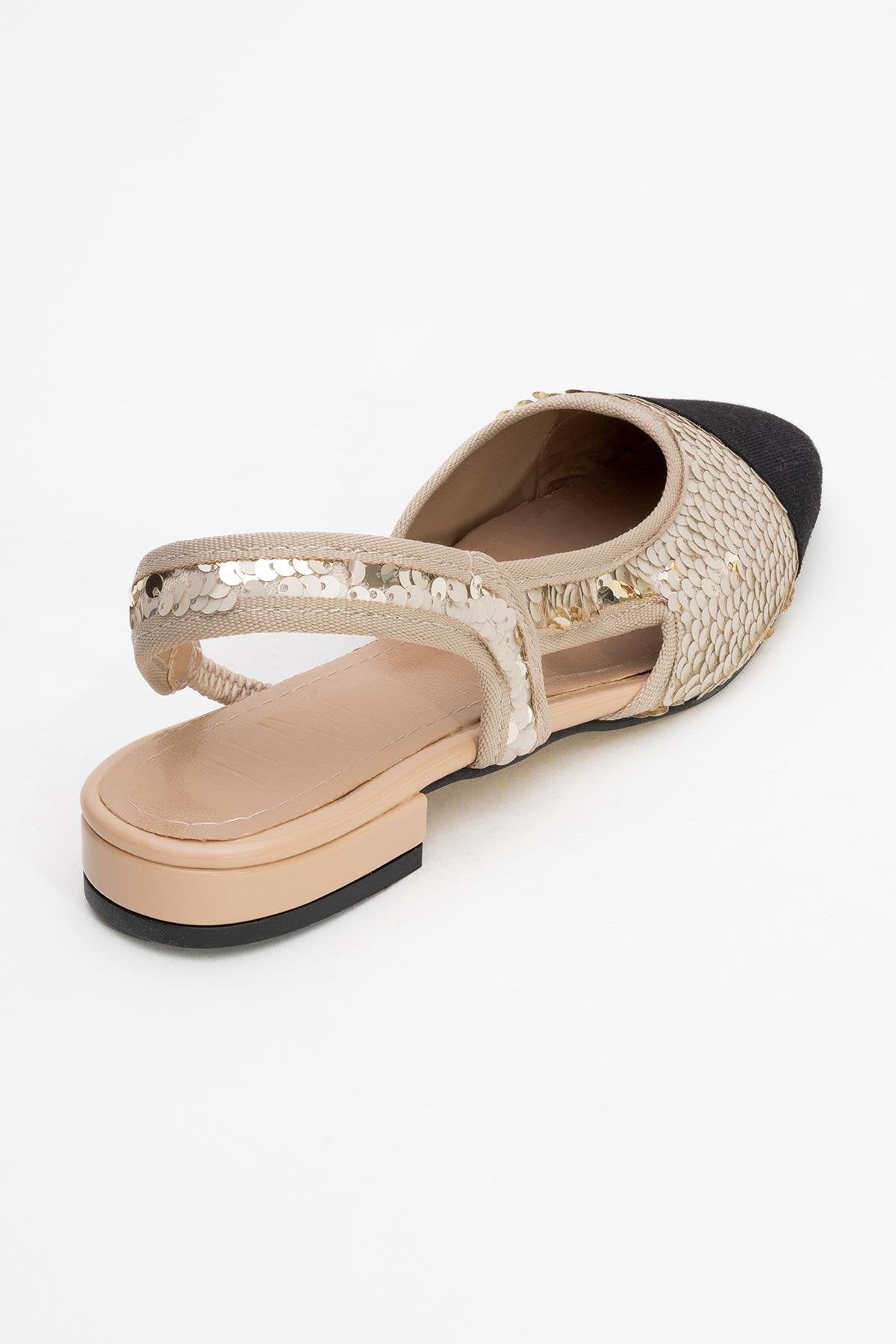 Lujo - Gold Sequin Backless Flat Ballerina – back view showing leather, sequin, gold, Vowalisse