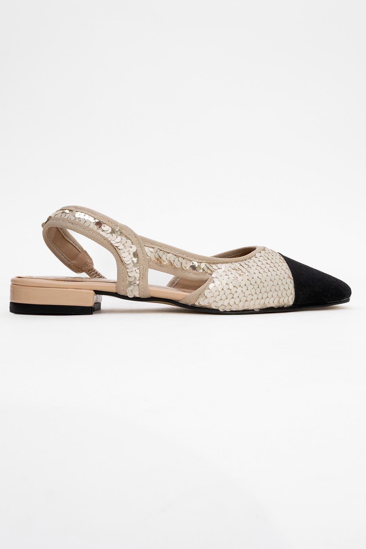 Lujo - Gold Sequin Backless Flat Ballerina – top view showing leather, sequin, gold, Vowalisse