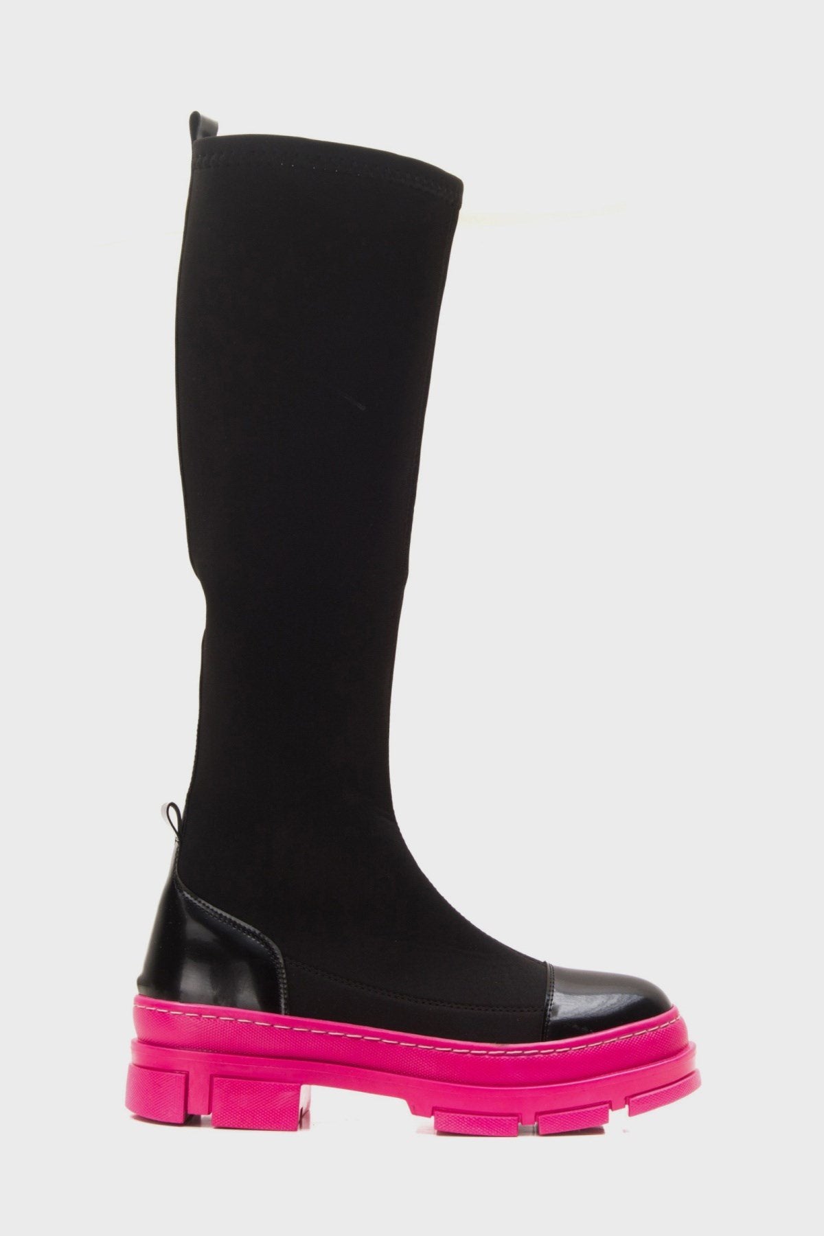 Bella Black & Fuchsia Scuba Boot – pair view showing leather, black, Vowalisse