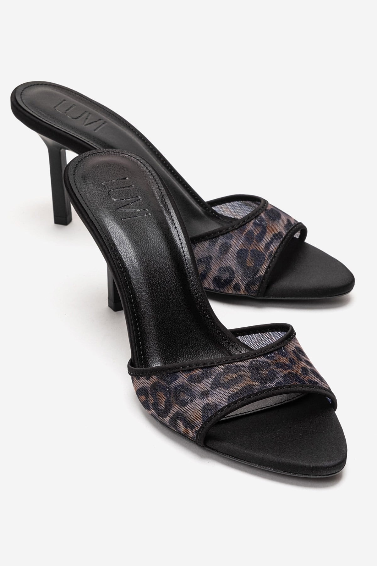 MONROE - Black Patterned Mesh Heeled Mule – front three-quarter view showing leather, mesh, black, Vowalisse