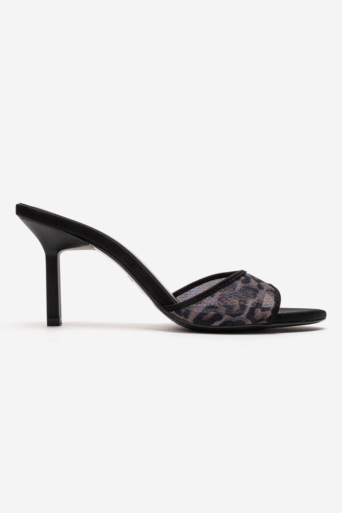 MONROE - Black Patterned Mesh Heeled Mule – heel view showing leather, mesh, black, Vowalisse