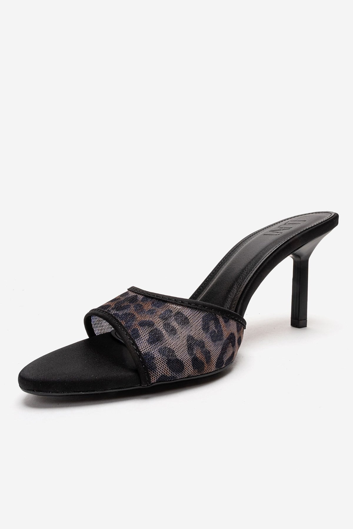 MONROE - Black Patterned Mesh Heeled Mule – top view showing leather, mesh, black, Vowalisse