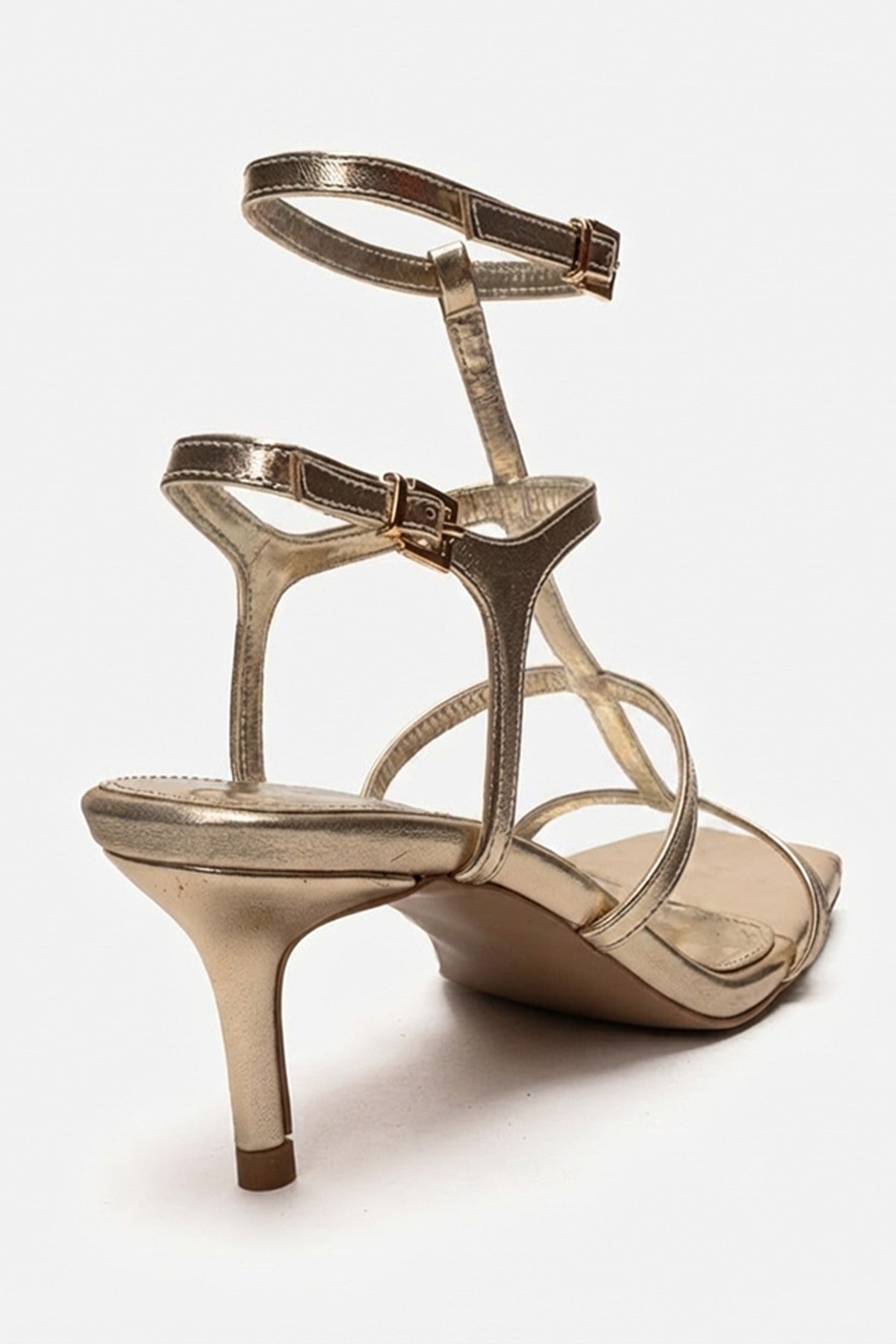 VIENTO - Gold Ankle-Strap Stiletto Pump – back view showing leather, gold, Vowalisse