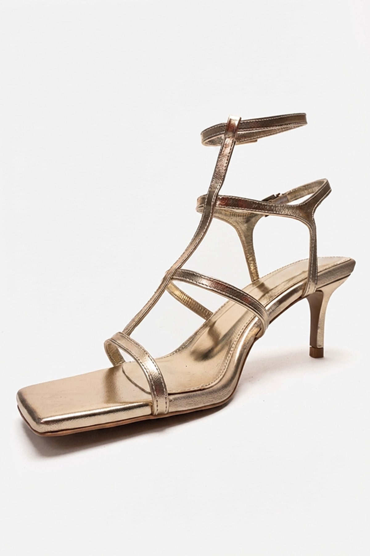 VIENTO - Gold Ankle-Strap Stiletto Pump – top view showing leather, gold, Vowalisse