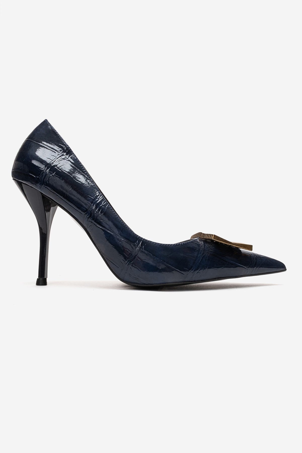 DEXEN - Navy Stiletto Pump – heel view showing leather, Vowalisse