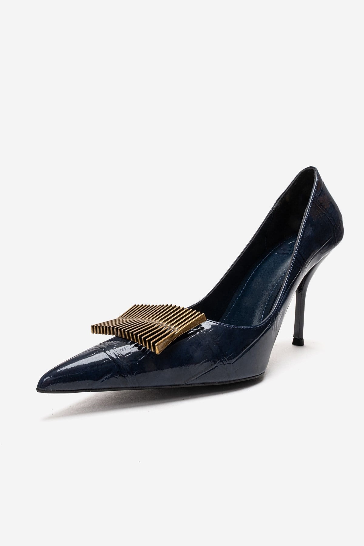 DEXEN - Navy Stiletto Pump – top view showing leather, Vowalisse