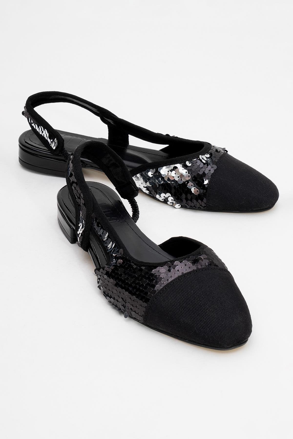 Lujo - Black Sequin Backless Flat Ballerina – front three-quarter view showing leather, sequin, black, Vowalisse