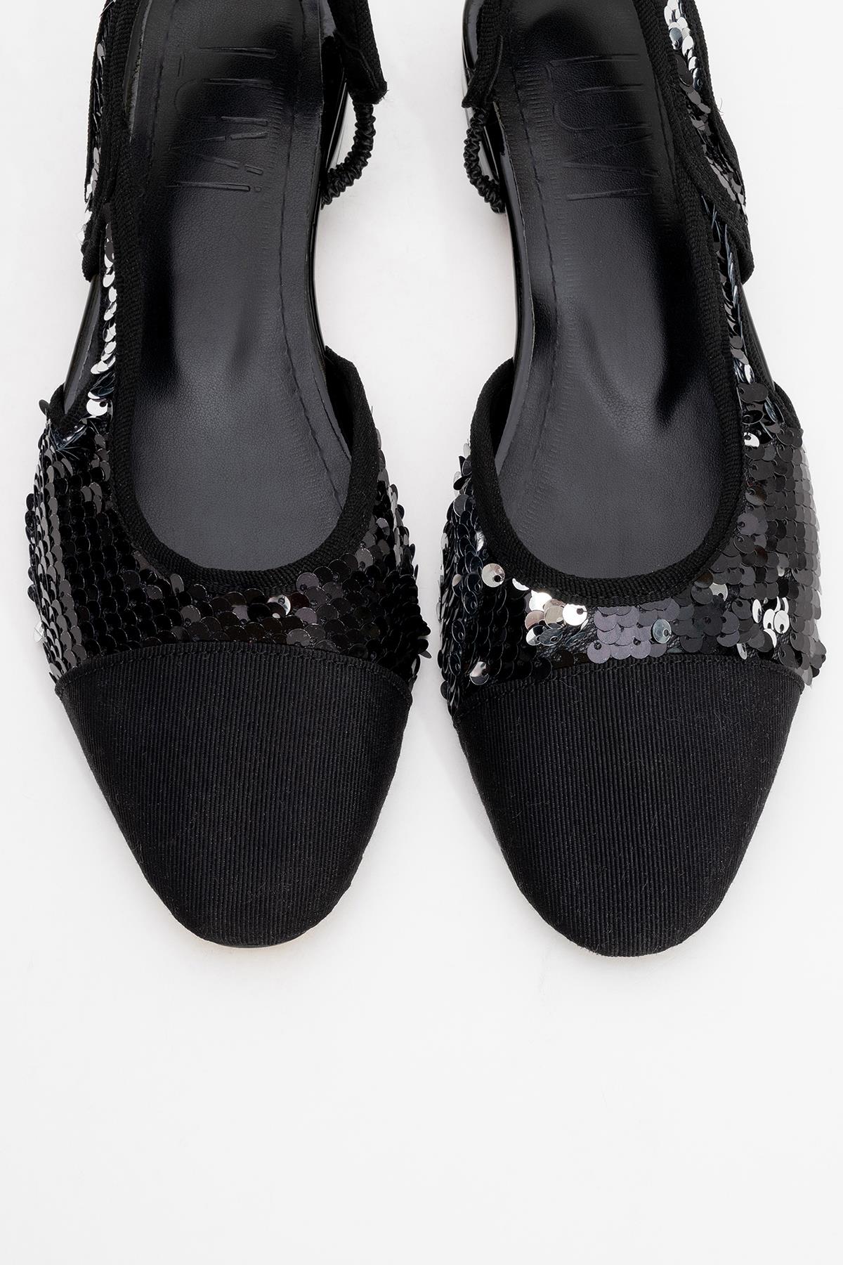 Lujo - Black Sequin Backless Flat Ballerina – side view showing leather, sequin, black, Vowalisse