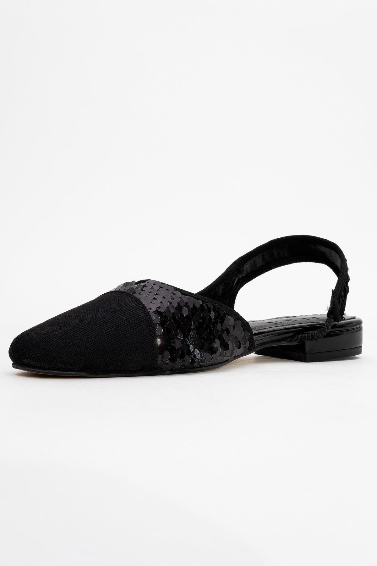 Lujo - Black Sequin Backless Flat Ballerina – heel view showing leather, sequin, black, Vowalisse