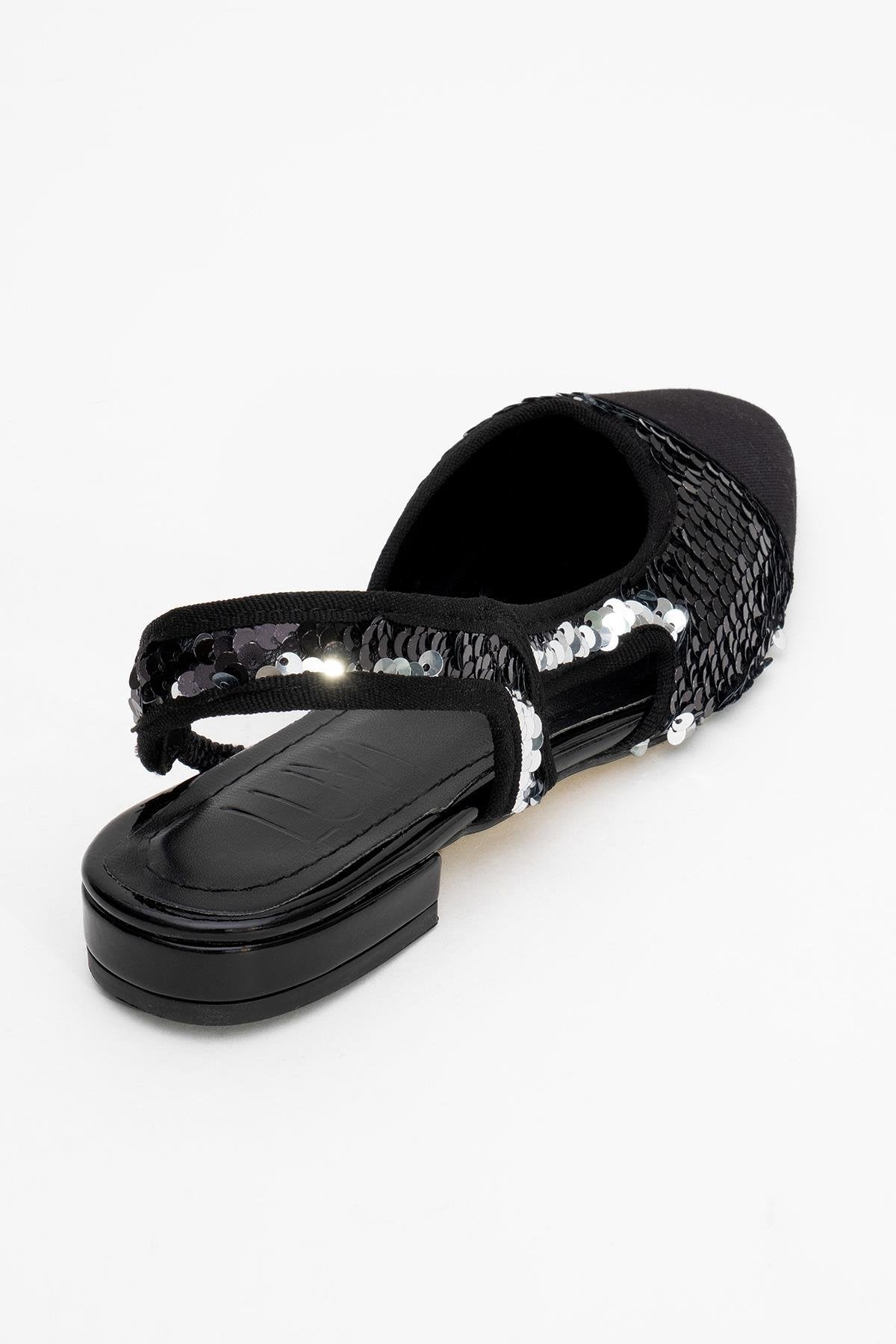 Lujo - Black Sequin Backless Flat Ballerina – back view showing leather, sequin, black, Vowalisse
