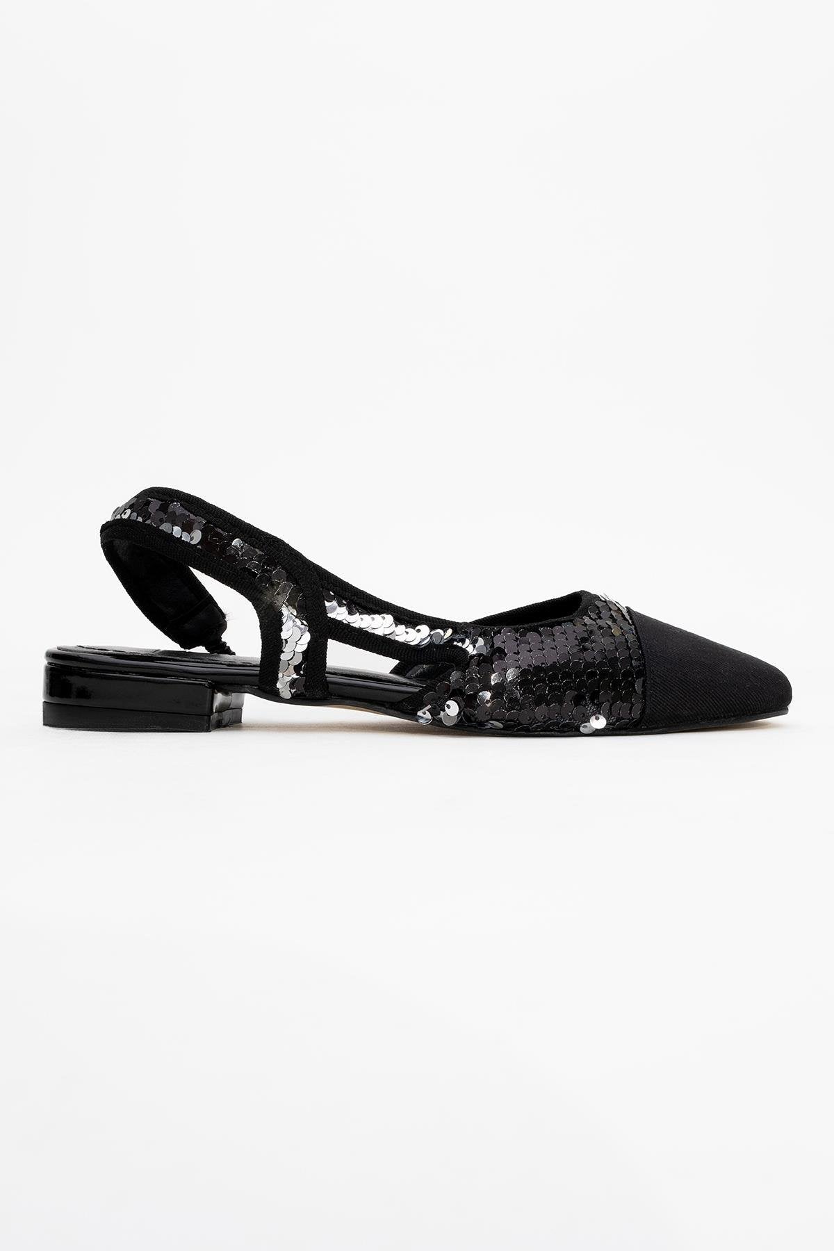 Lujo - Black Sequin Backless Flat Ballerina – top view showing leather, sequin, black, Vowalisse