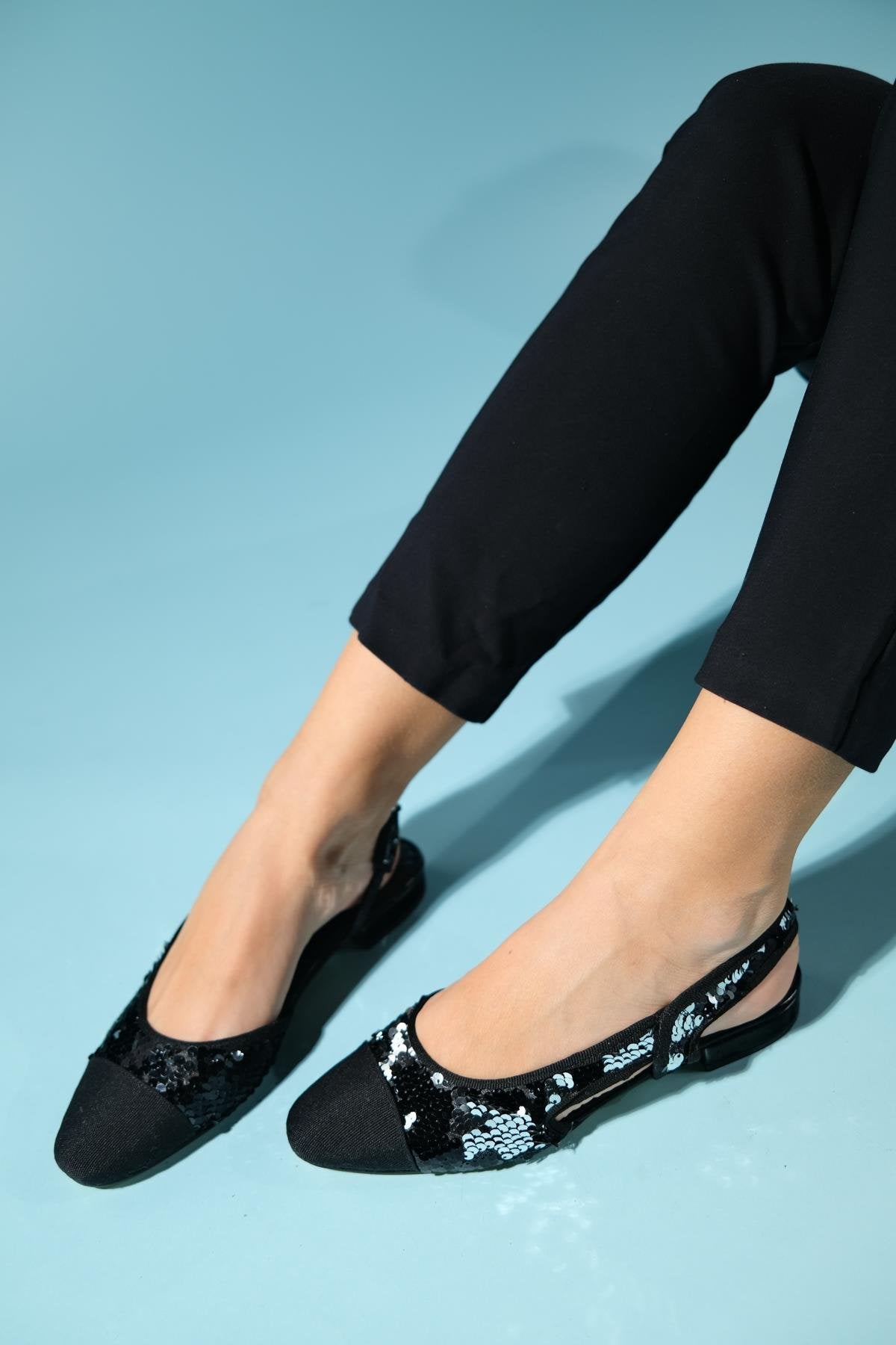 Lujo - Black Sequin Backless Flat Ballerina – pair view showing leather, sequin, black, Vowalisse