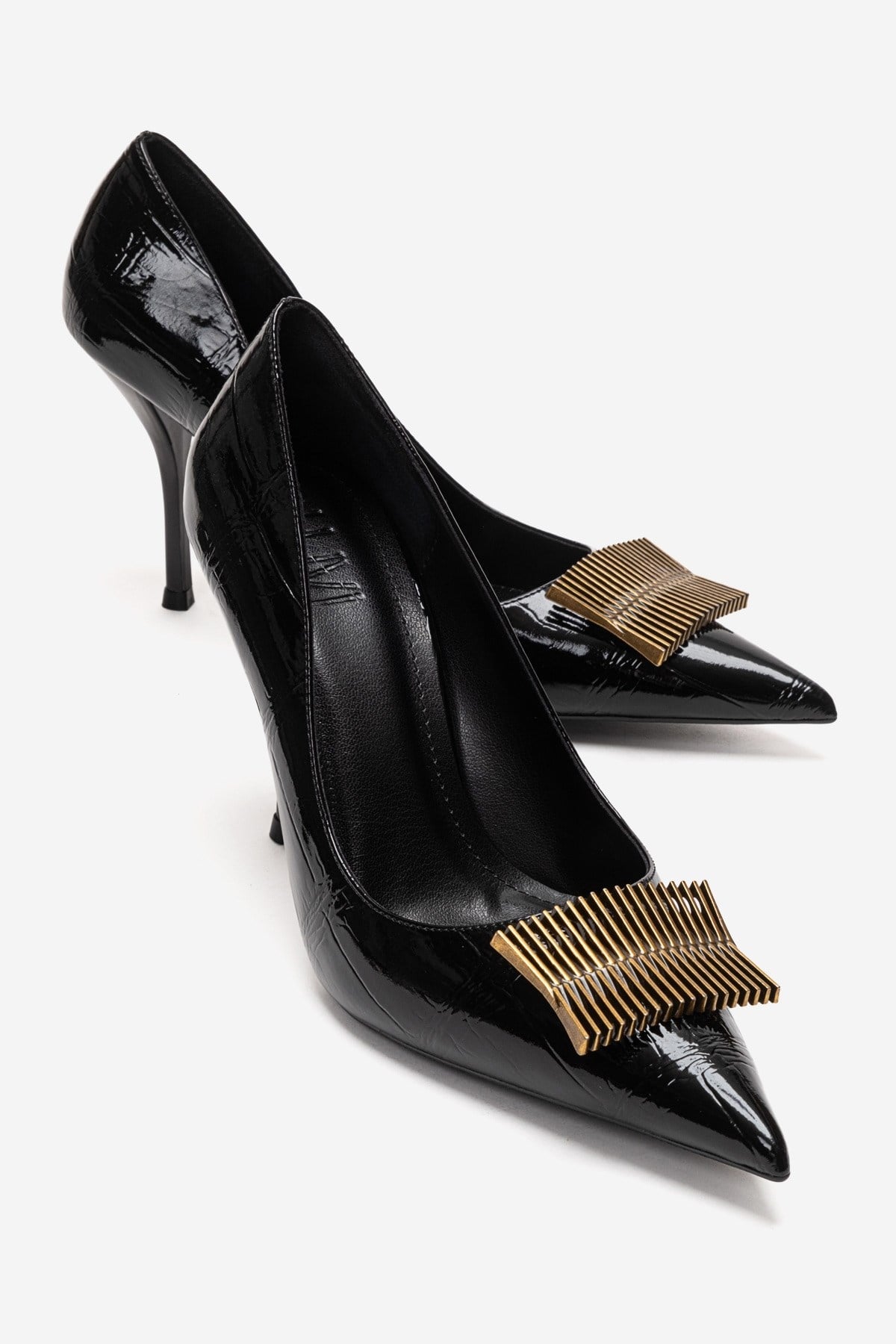 DEXEN - Black Stiletto Pump – front three-quarter view showing leather, black, Vowalisse