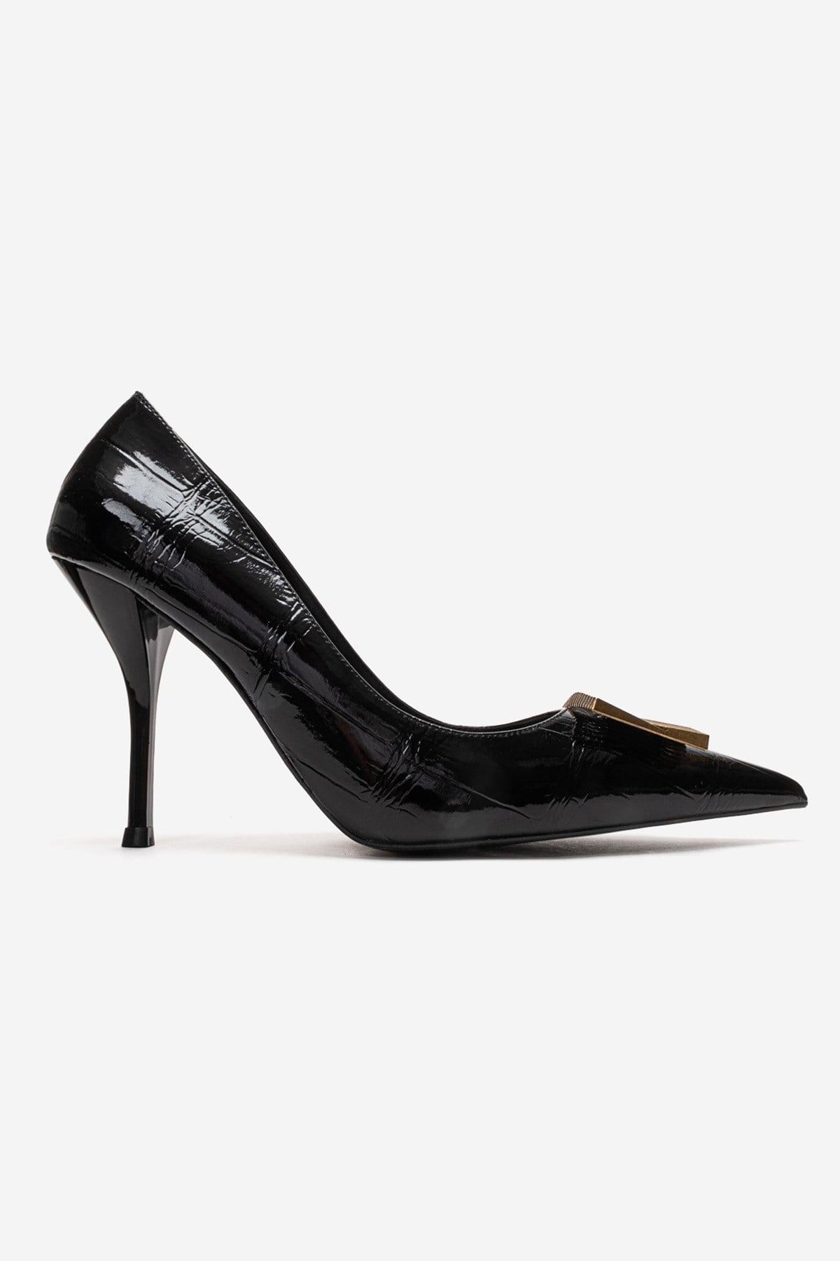 DEXEN - Black Stiletto Pump – heel view showing leather, black, Vowalisse