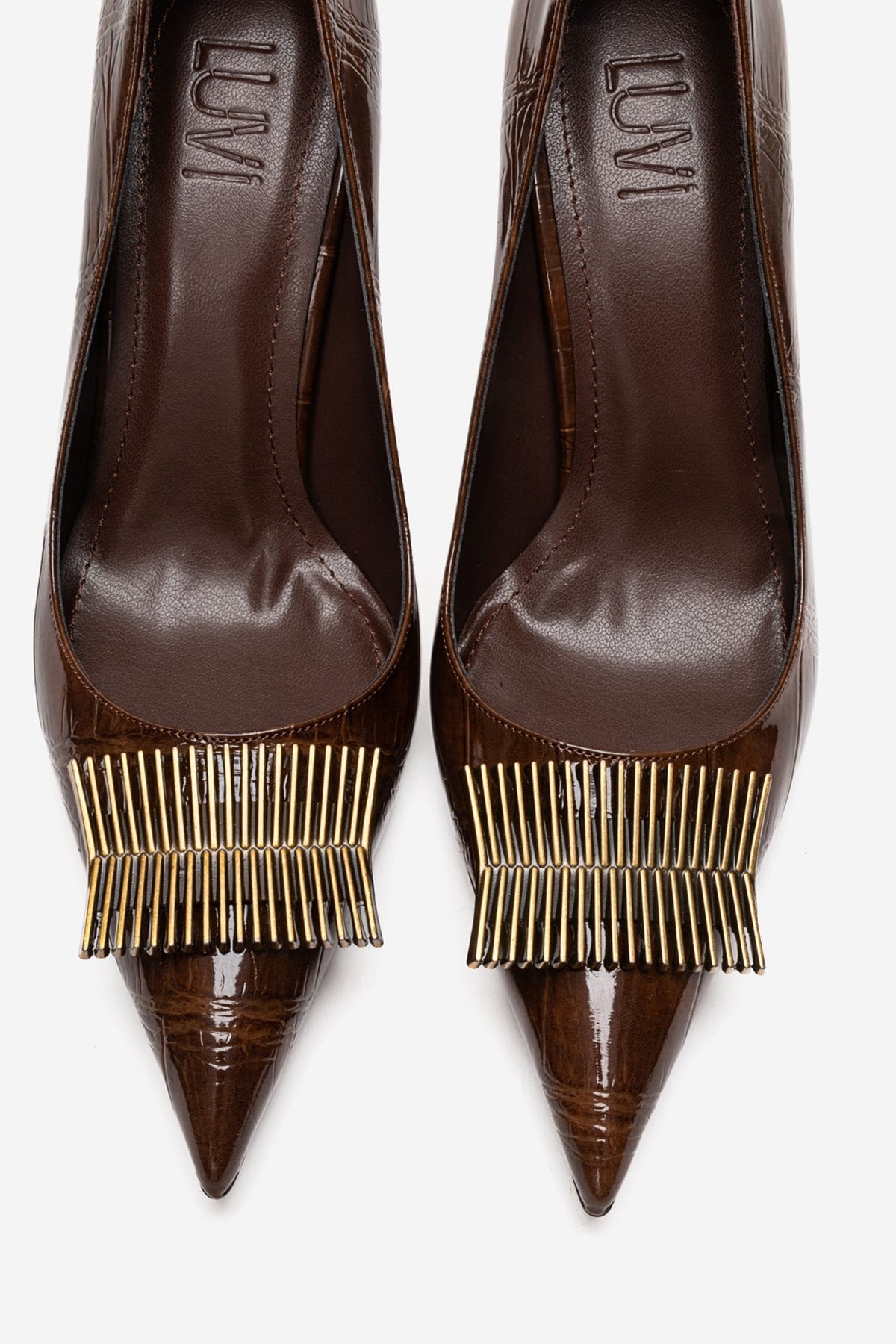 DEXEN - Brown Stiletto Pump – side view showing leather, Vowalisse