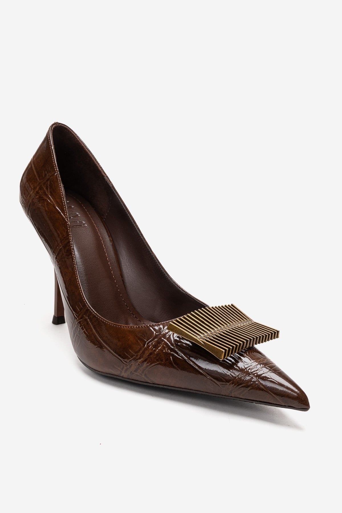 DEXEN - Brown Stiletto Pump – detail view showing leather, Vowalisse