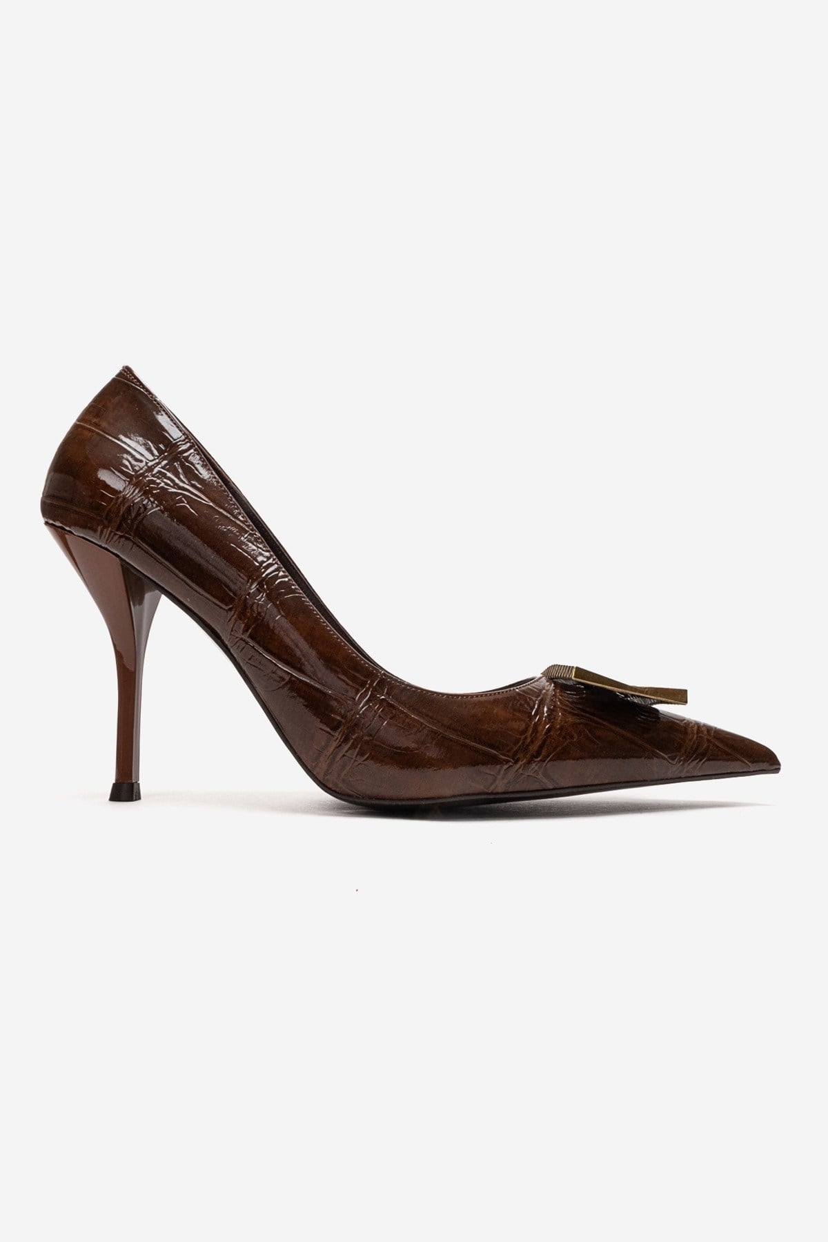 DEXEN - Brown Stiletto Pump – heel view showing leather, Vowalisse