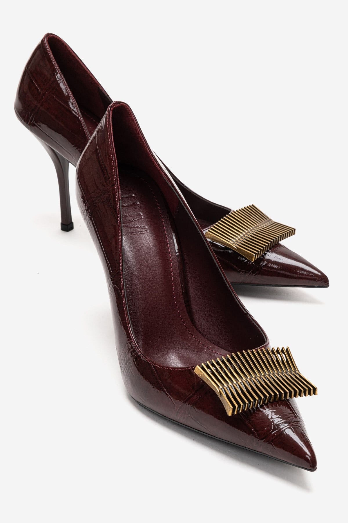 DEXEN - Burgundy Stiletto Pump – front three-quarter view showing leather, Vowalisse