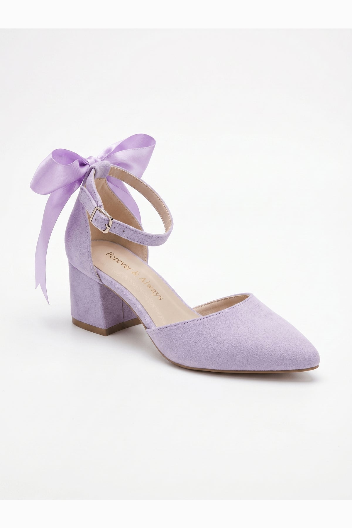 Arielle Lilac Suede Bow Ankle Strap Block Heel Sandal – front three-quarter view showing bow, suede, red, Vowalisse