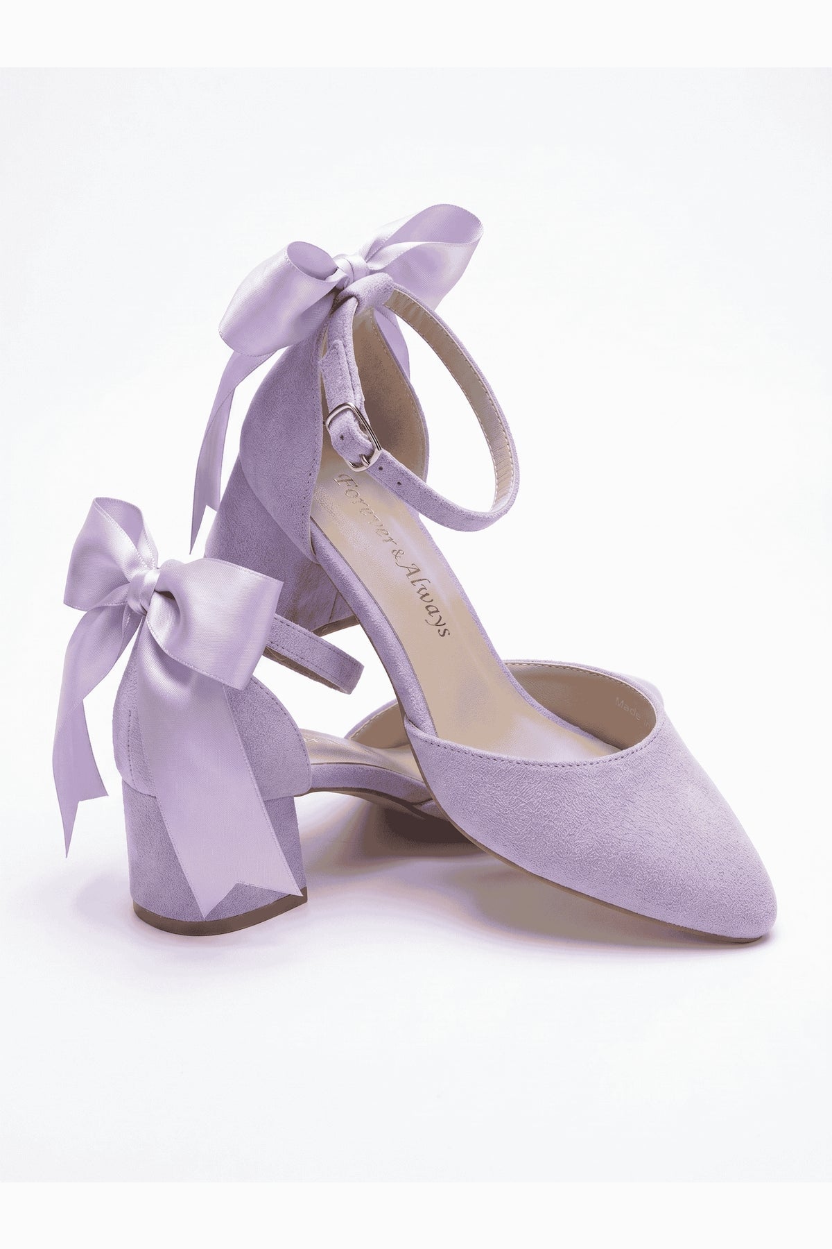 Arielle Lilac Suede Bow Ankle Strap Block Heel Sandal – heel view showing bow, suede, red, Vowalisse