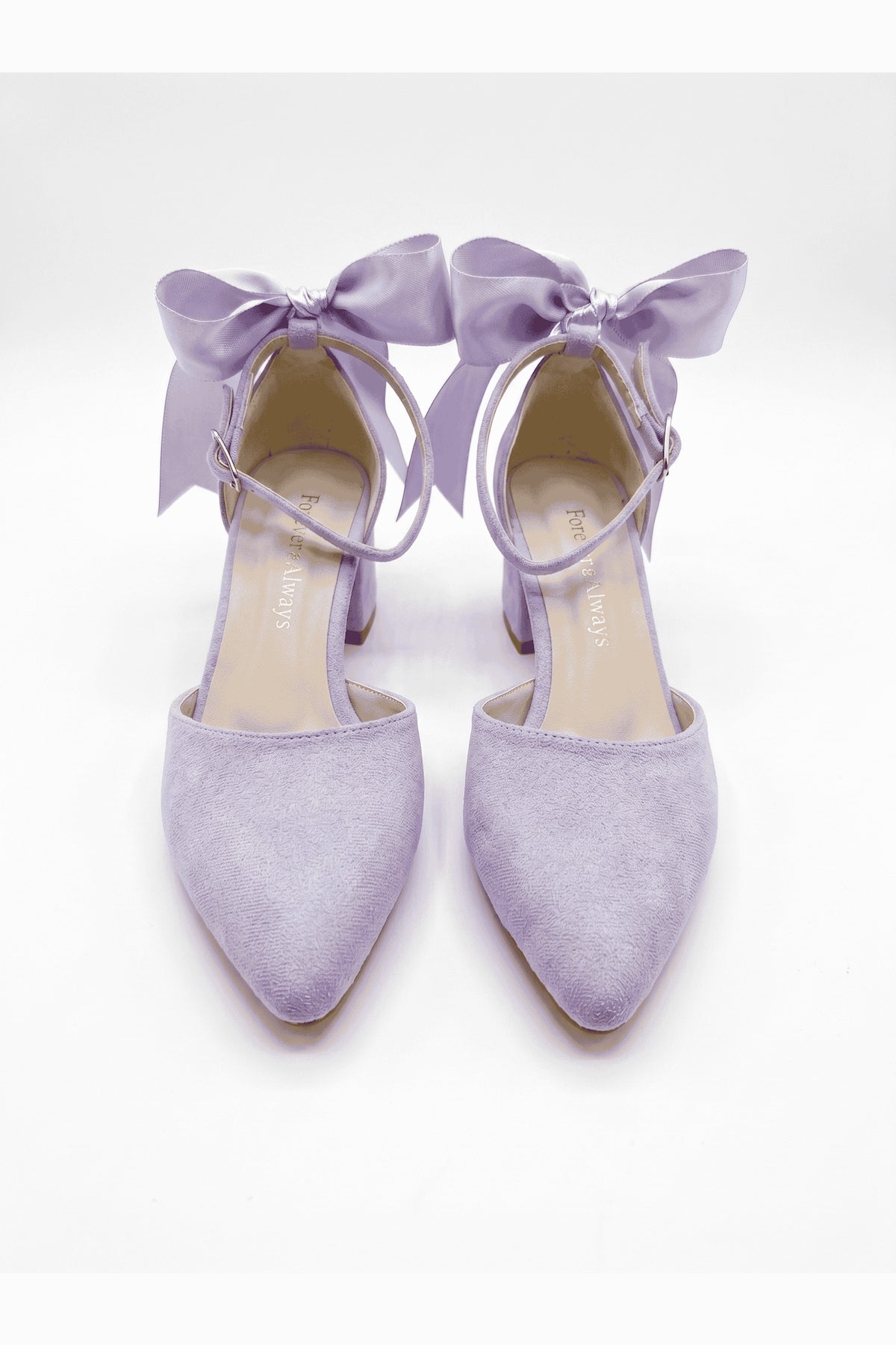 Arielle Lilac Suede Bow Ankle Strap Block Heel Sandal – back view showing bow, suede, red, Vowalisse